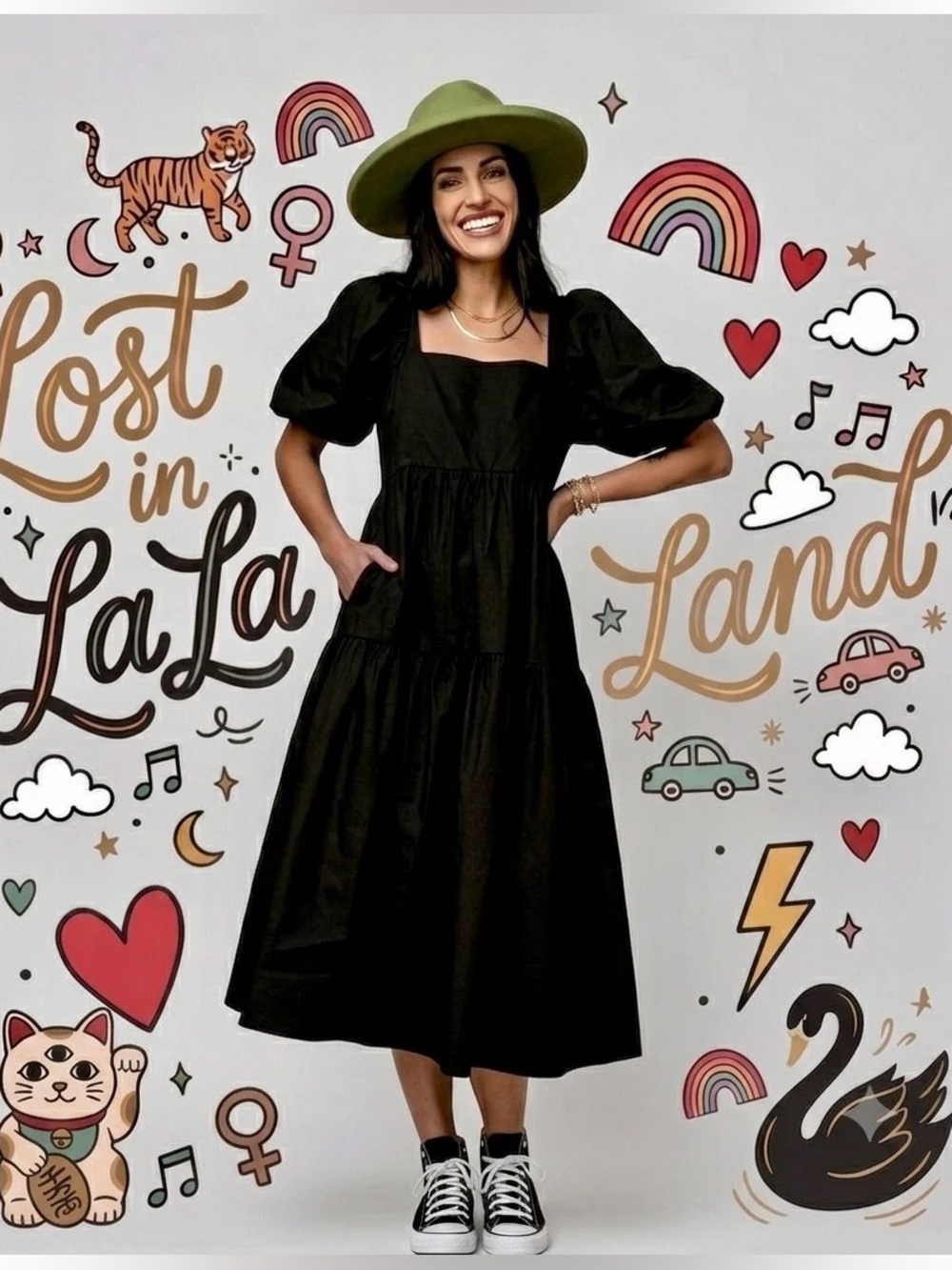 Dressed in LaLa For My Girls Midi Dress NWT Black Puff Sleeve Pockets